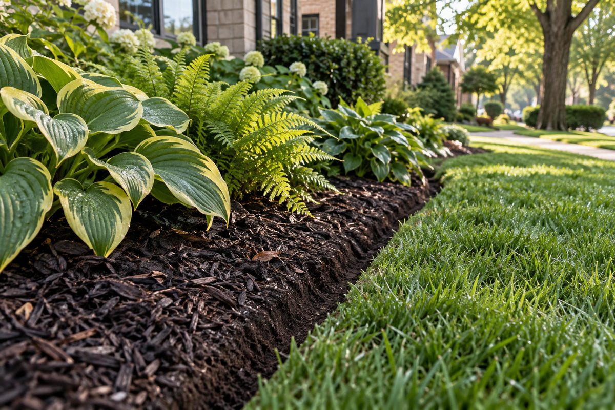 Meticulously edged flower bed with dark shredded mulch and thriving perennials beside clean turf.